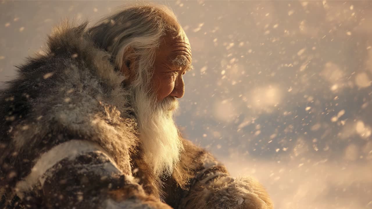 A serene portrait of an elderly figure cloaked in fur, gazing into the distance as snowflakes gently fall around him, evoking a sense of wisdom and timelessness