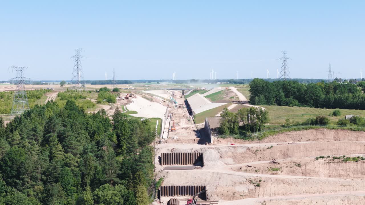 Endless railway line in construction process, aerial view