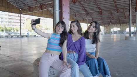 three friends taking a selfie while roller skating at a market