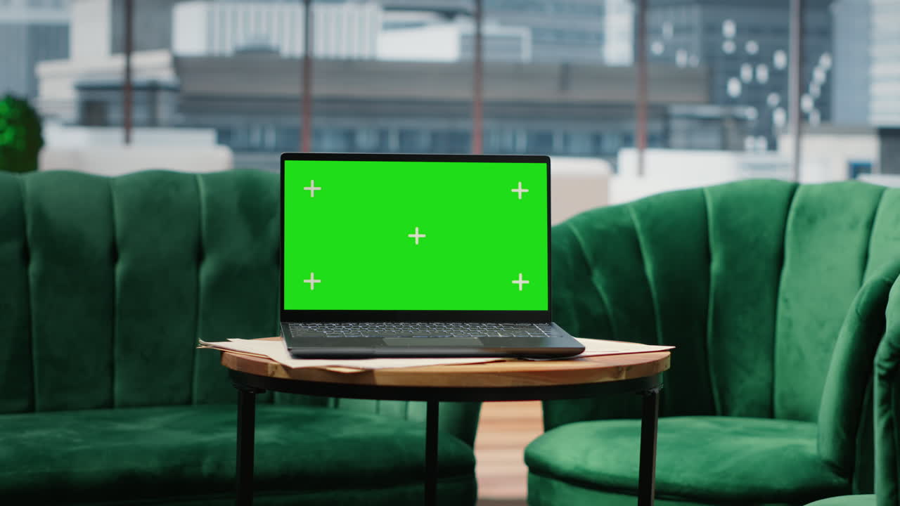 Empty global corporation office showcasing a green screen on laptop