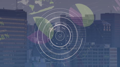 animation of up arrows and infographic interface over circles against aerial view of modern city