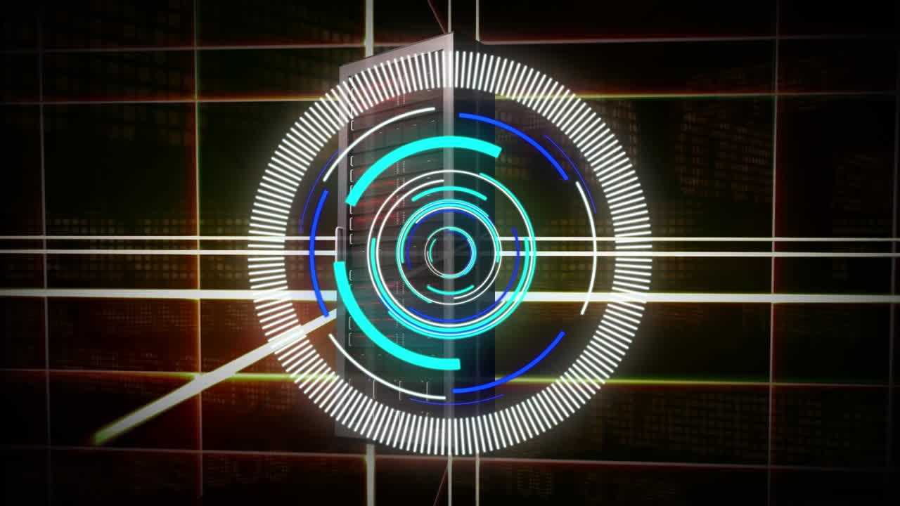 animación de escáner redondo de neón y líneas de conexión amarillas brillantes contra un fondo negro