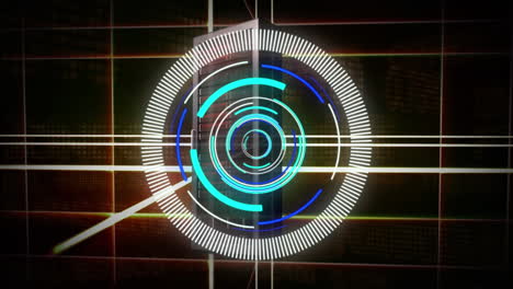 Animation of neon round scanner and glowing yellow connecting lines against black background