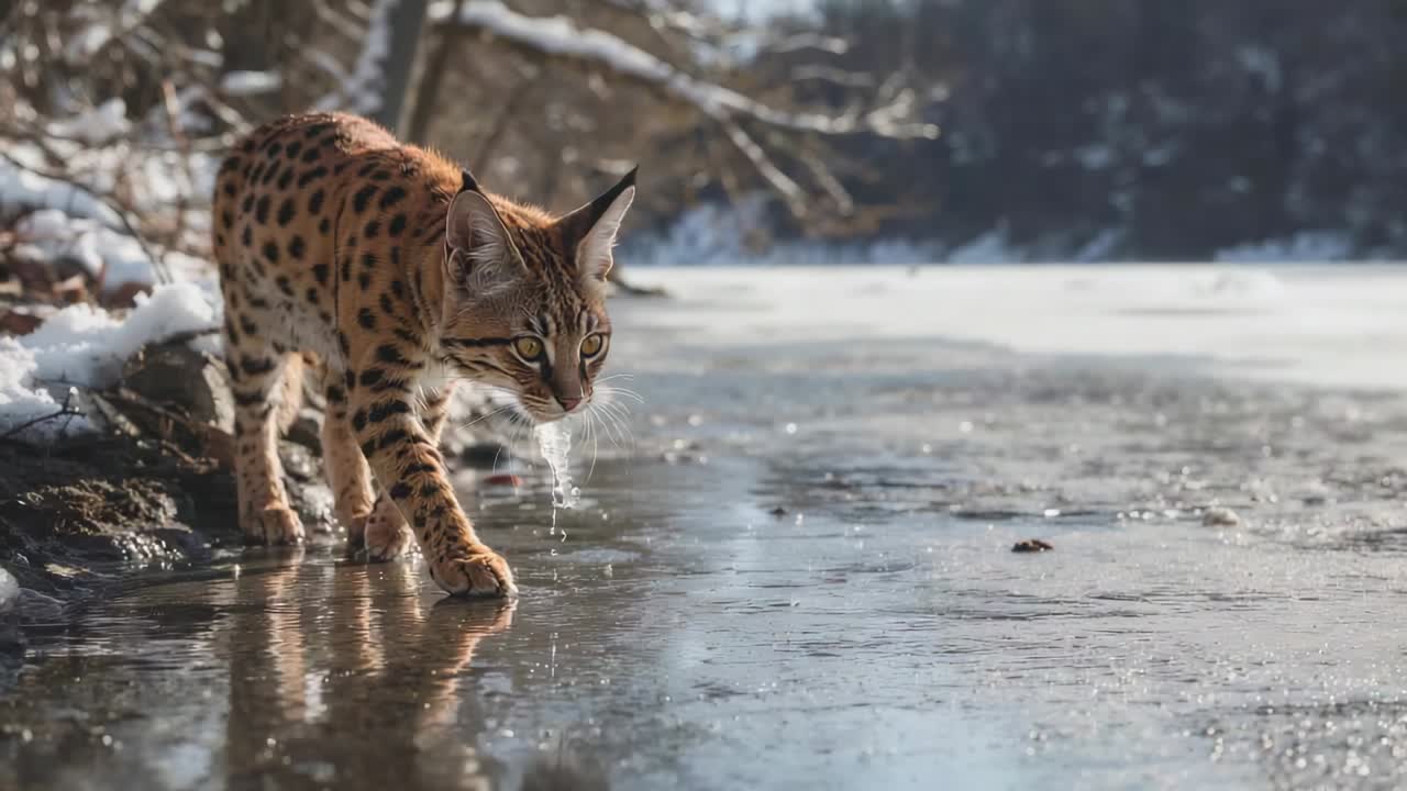 Cheirando a costa, felino selvagem avistado testando o gelo fino na borda de um lago congelado, verificando a estabilidade do gelo