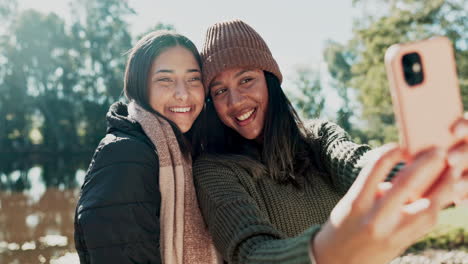 happy woman, friends and selfie in nature