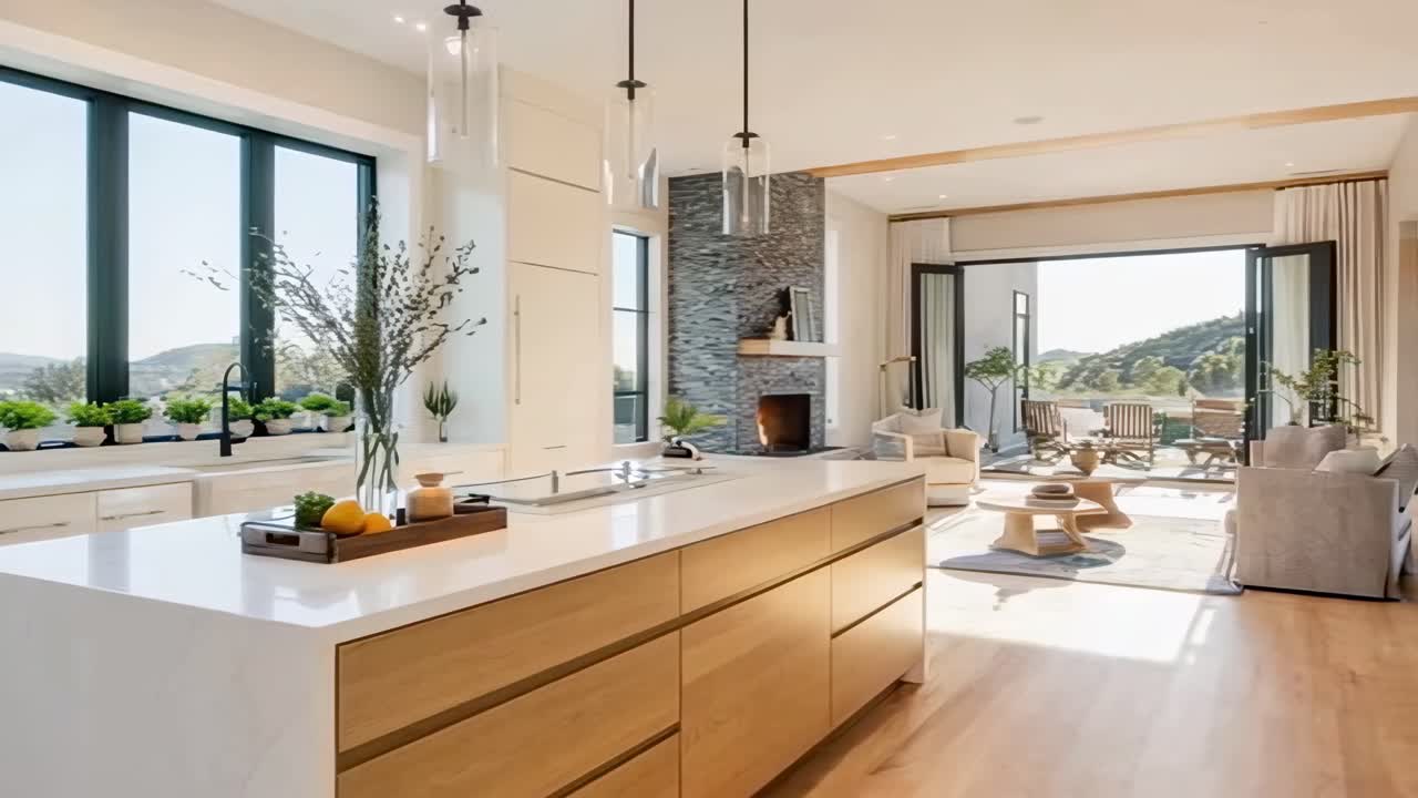 Wide-angle video shot of a modern kitchen and living area, featuring natural light and sleek design