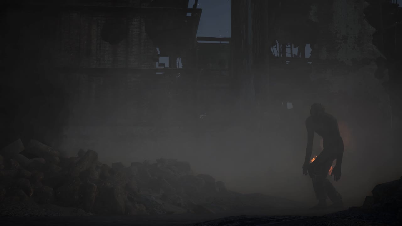 una distópica ciudad en ruinas destruida por la noche, con escombros, coches dañados, humo y fuego, y zombies de pie respirando ociosamente, animación 3d, escena animada, cámara zoom en lentamente