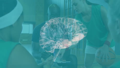 in gym, basketball players strategizing with animation of brain hologram overlay