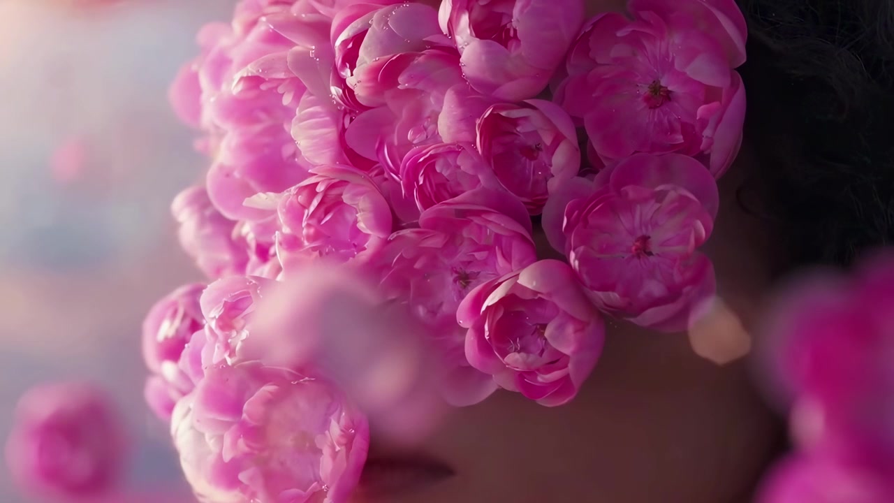 Primo piano del viso di una donna coperto di fiori di peonia rosa