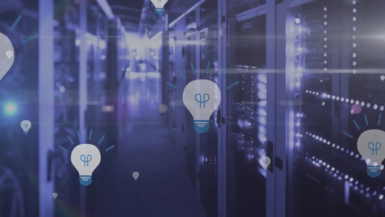 Animation of multiple electric bulb icons floating against computer server room