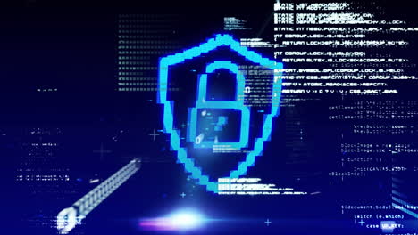 Security padlock icon and data processing against blue background