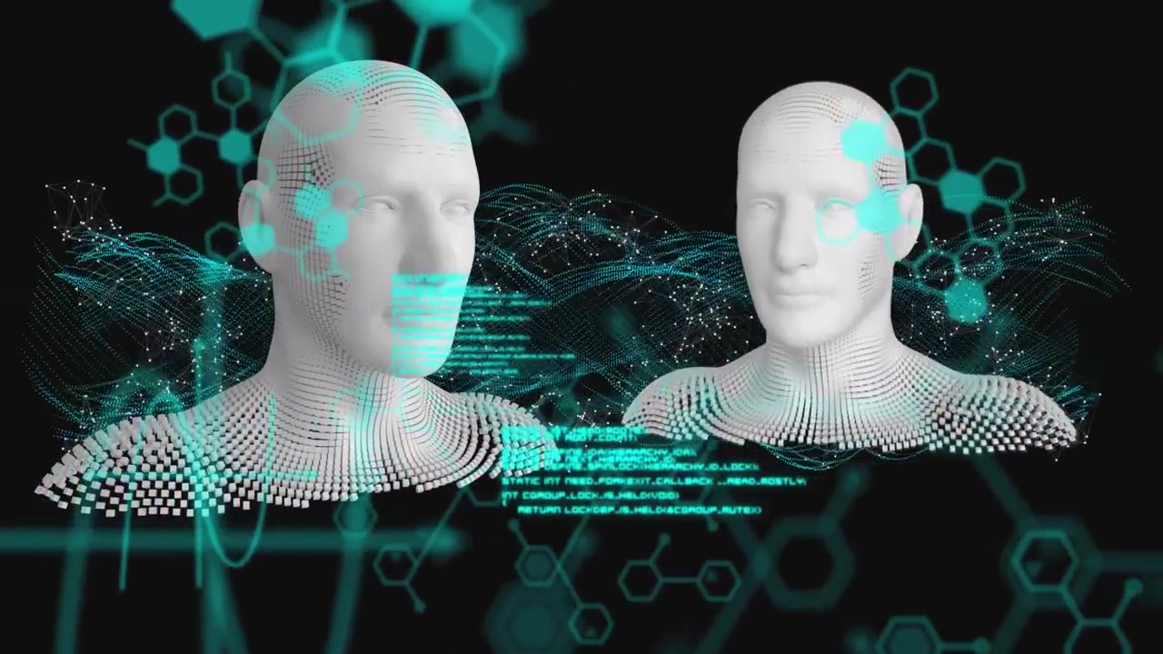 Animazione di un modello umano e di elaborazione dati scientifici su sfondo nero