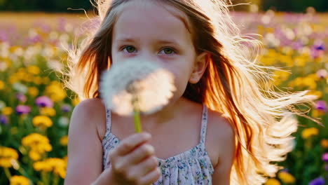 young girl blowing a dandelion in a sunny flower field