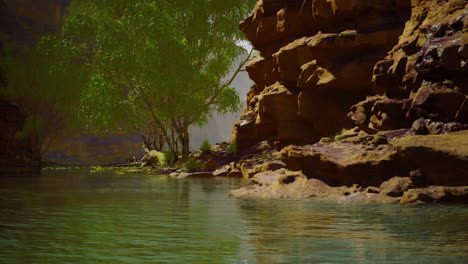 vibrant rock formations reflect in serene waters under golden sunlight