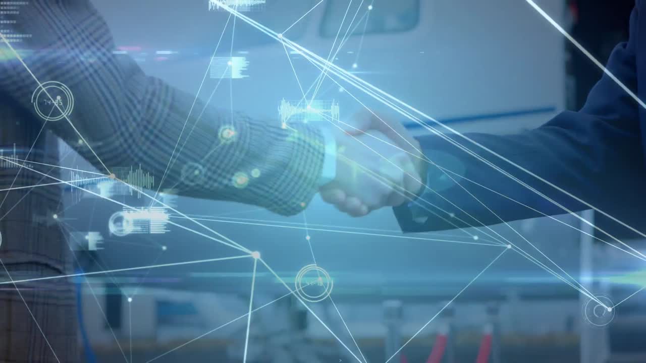 Animation of network of connections over caucasian businessmen shaking hands on airport