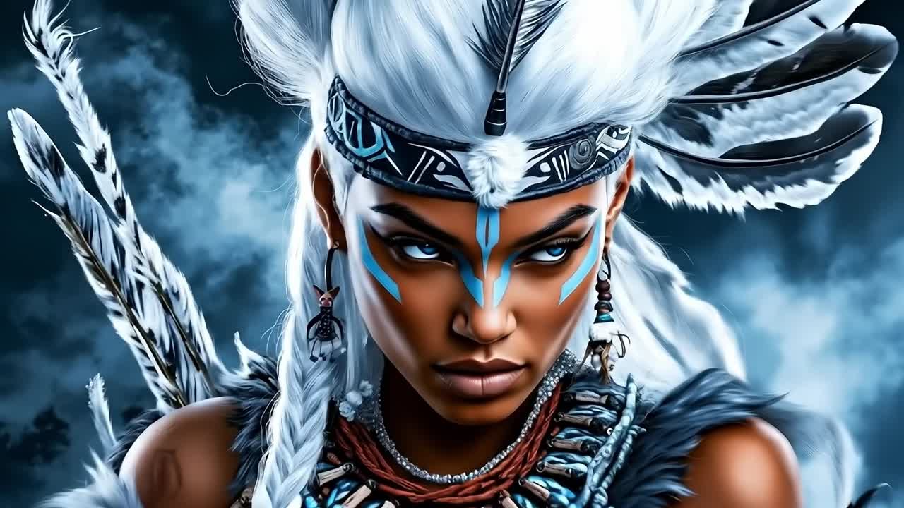 A woman in a native american costume standing in front of a mountain