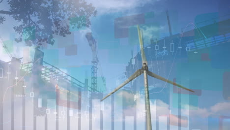 animation of graphs and construction site over moving wind turbine