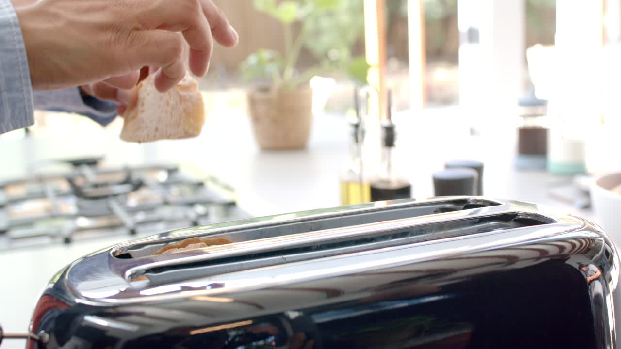 Placing bread into toaster, person preparing breakfast in modern kitchen