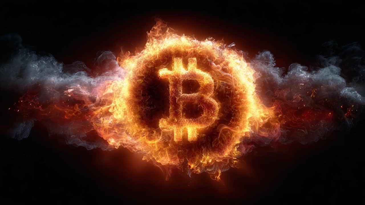 A Stunning Visual Showcase of a Glowing Bitcoin Symbol Surrounded by Fiery Flames and Smoke, Representing the Energy and Power of Cryptocurrency in a Dynamic Digital Atmosphere