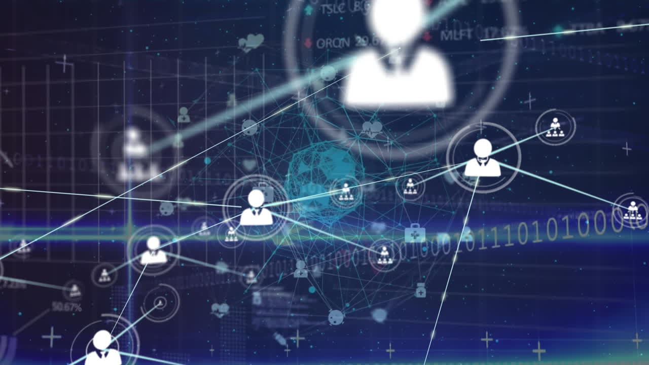 회전하는 지구 위의 프로필 아이콘 네트워크의 애니메이션과 파란색 배경의 데이터 처리