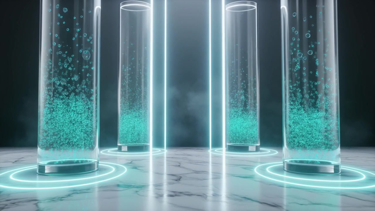 Tubi di vetro futuristici con bolle in ascesa su pavimento di marmo