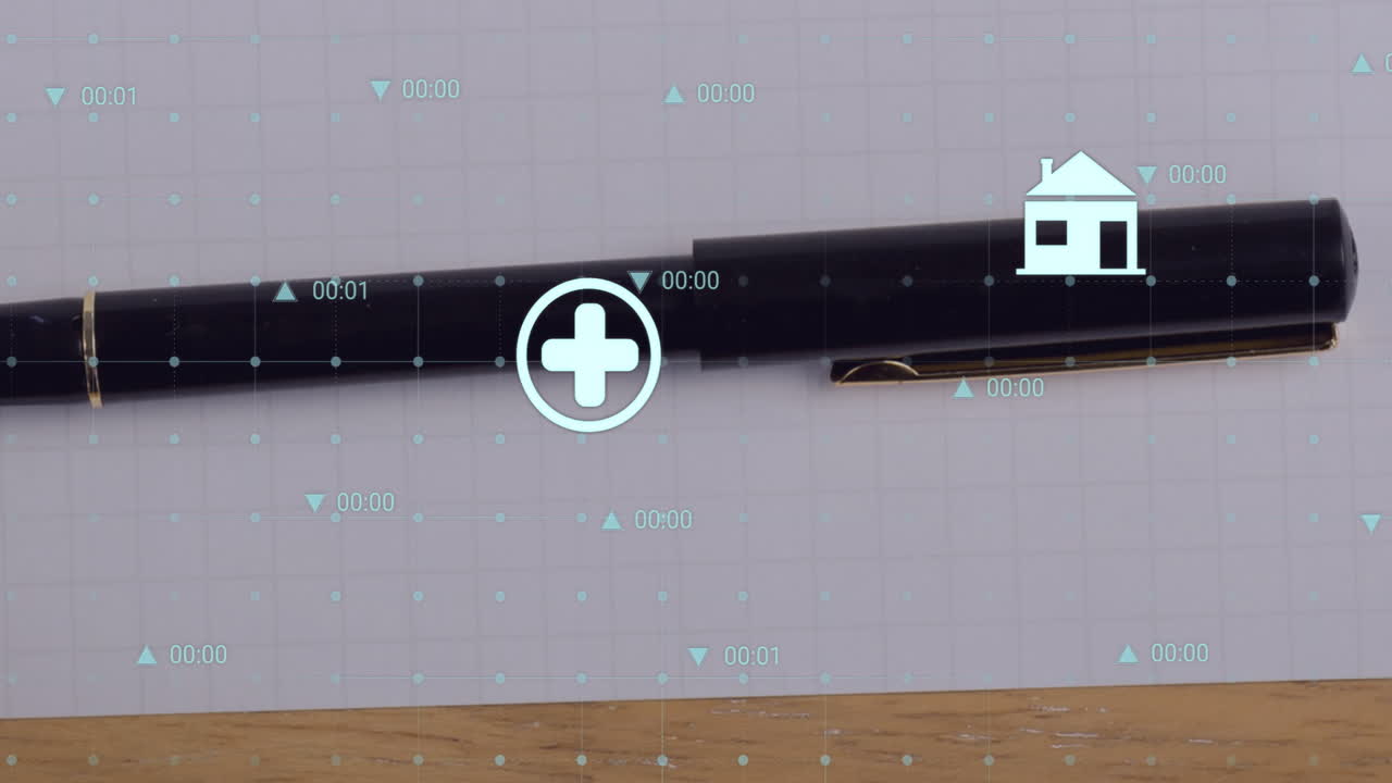 Drawing with pen on paper, digital animation of house and medical cross