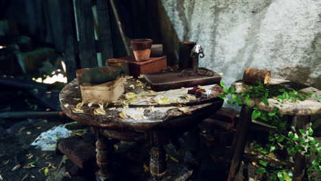 still life photography of old, vintage and rustic objects in an abandoned dark room