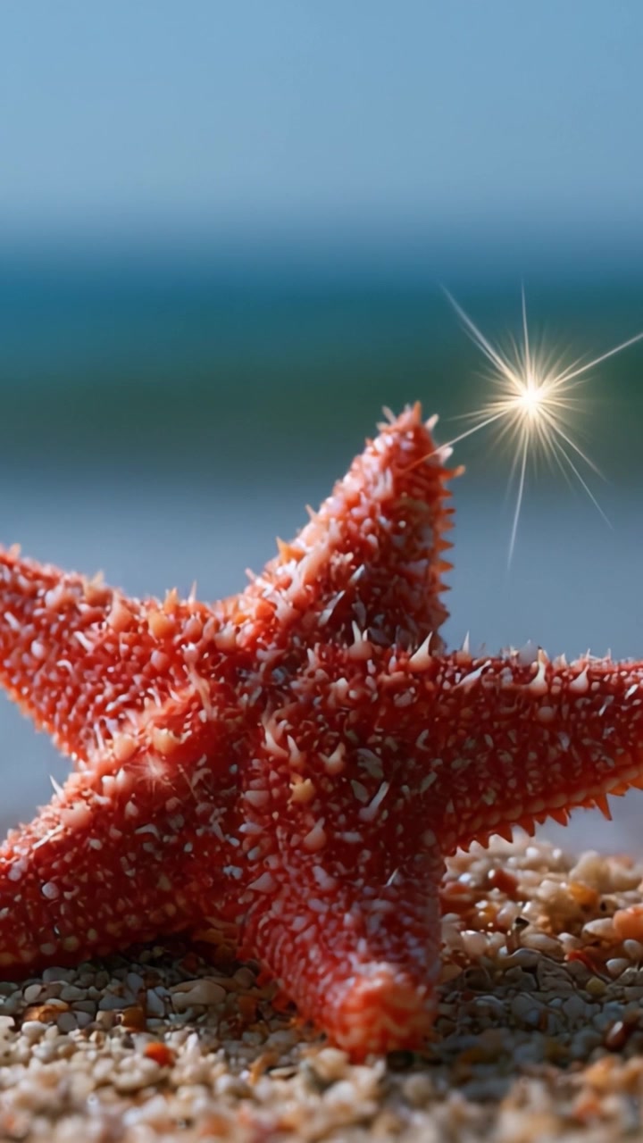 Un affascinante primo piano di una vivace stella marina adagiata su una spiaggia sabbiosa, illuminata dalla luce solare scintillante tra le dolci onde dell'oceano.