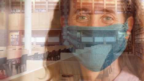 Woman-in-face-mask-against-empty-library