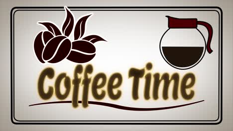 vibrant and classic animated motion graphic of a coffee pot pouring to reveal the words coffee time, with stylish coffee beans and leaves motif and a pale sepia background