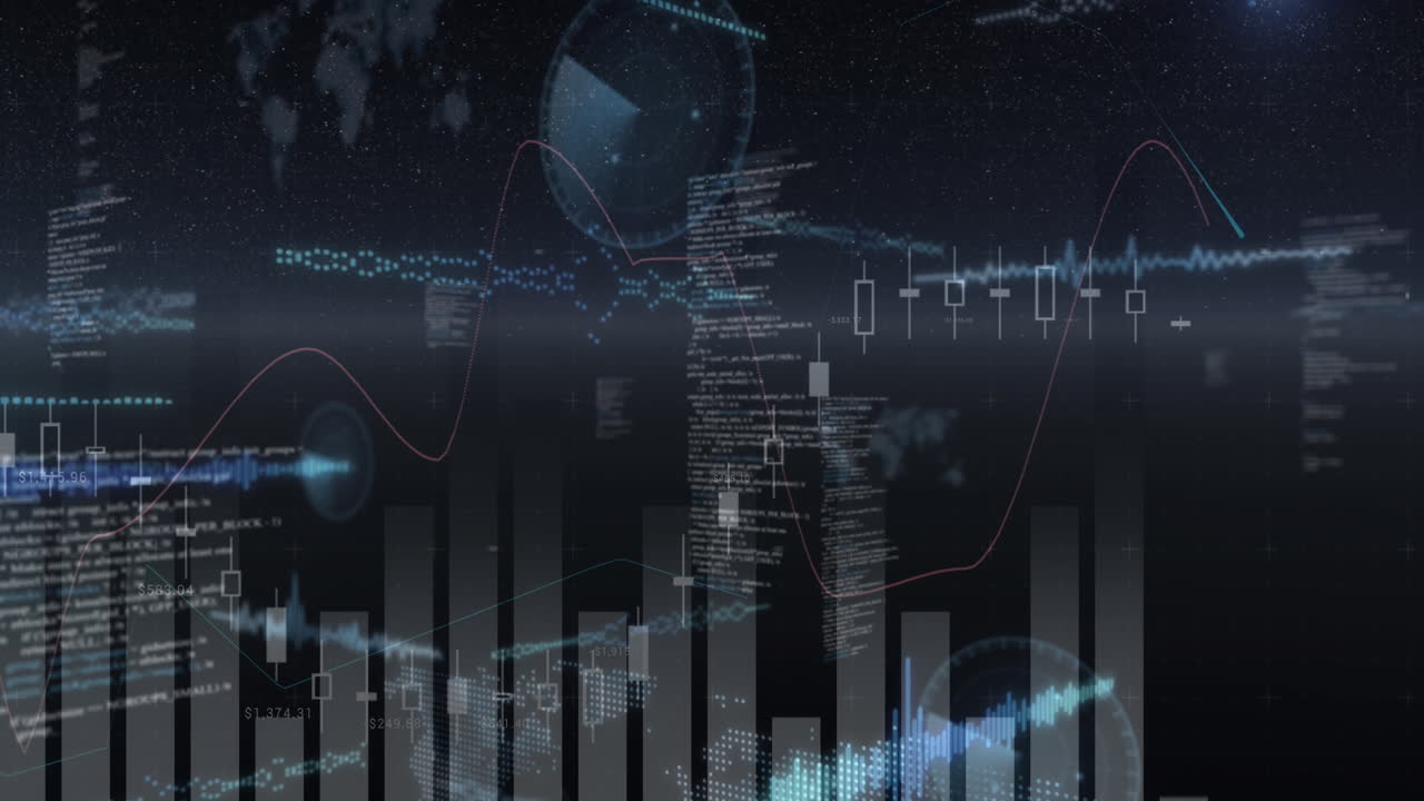 Animation of glowing interface with charts and information moving on black background