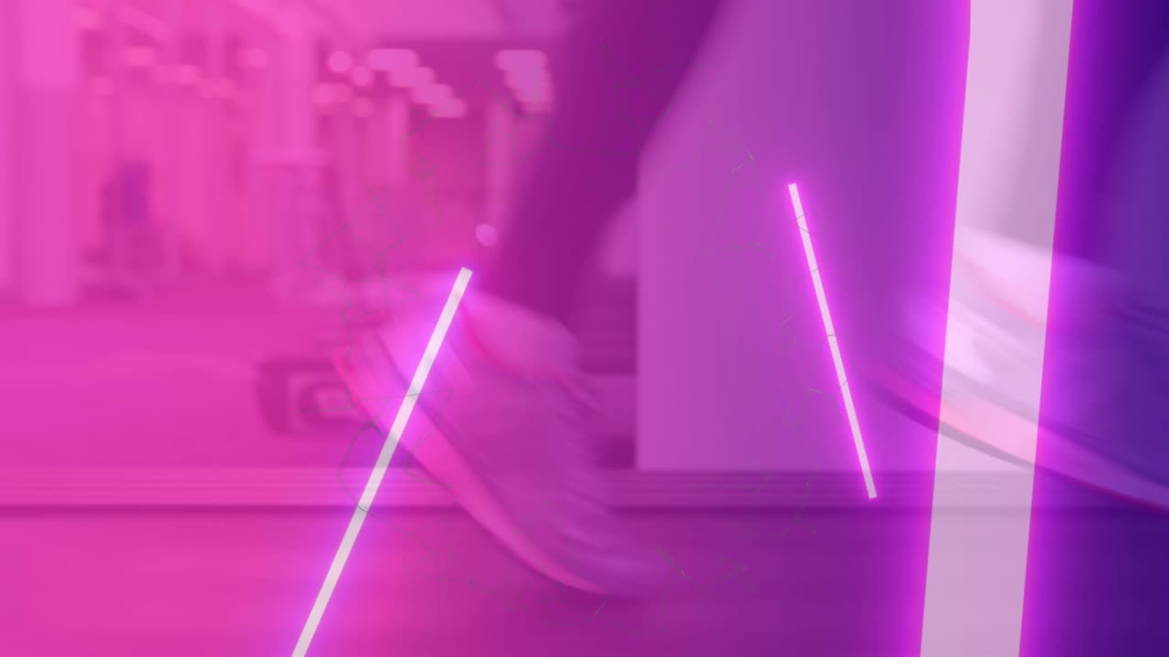 animación de luces rosadas brillantes sobre un atleta corriendo en una cinta de correr en el gimnasio