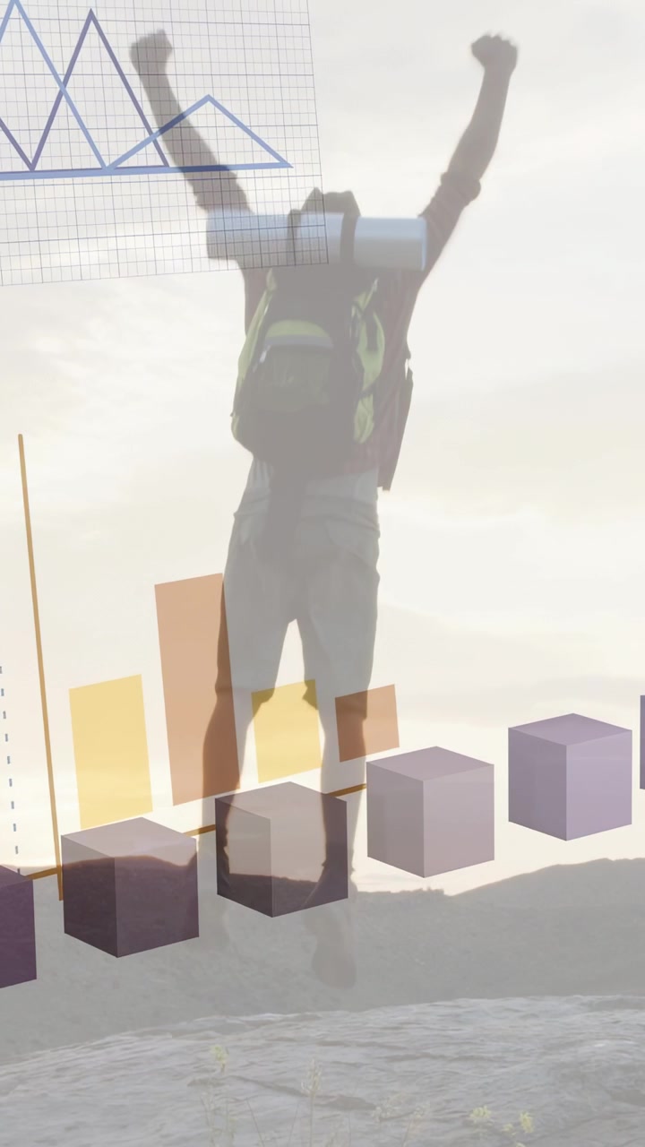 Vertical video: Male hiker walking ridge, business bars rising obscuring legs, celebrating summit