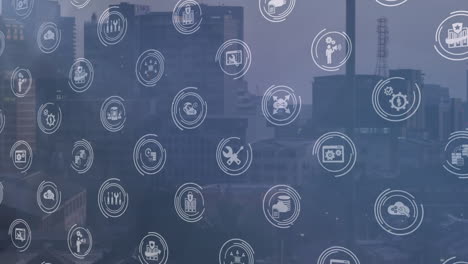 animation of multiple digital icons and light spot against aerial view of cityscape