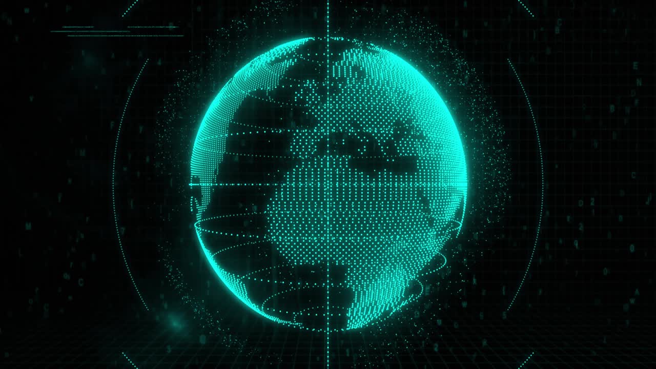 teal dotted-globe powering, scanning and spawning Bitcoin glyphs orbiting, showing network flow