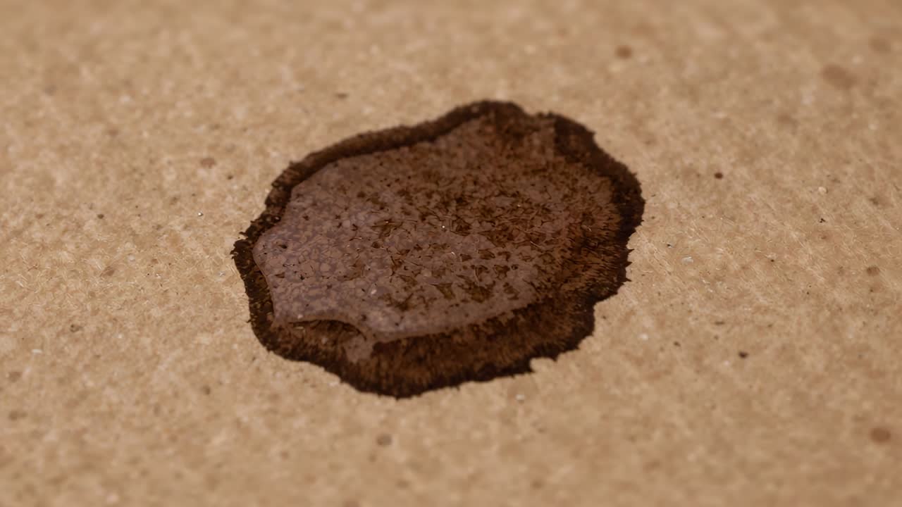 Settling coffee droplet absorbing into beige cardboard while evaporating, depositing fine grounds