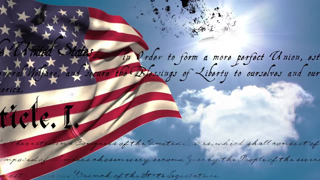 Written constitution of the United States and a flag