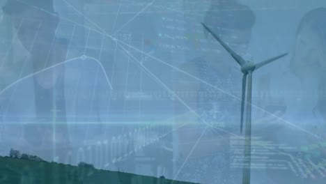 Animation-of-financial-data-and-businesspeople-over-wind-turbine