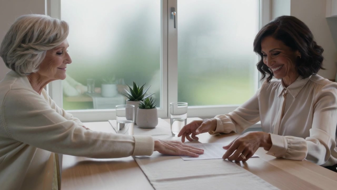 Lifting paper, senior in cardigan sliding papers to woman in blouse at dining table for discussion