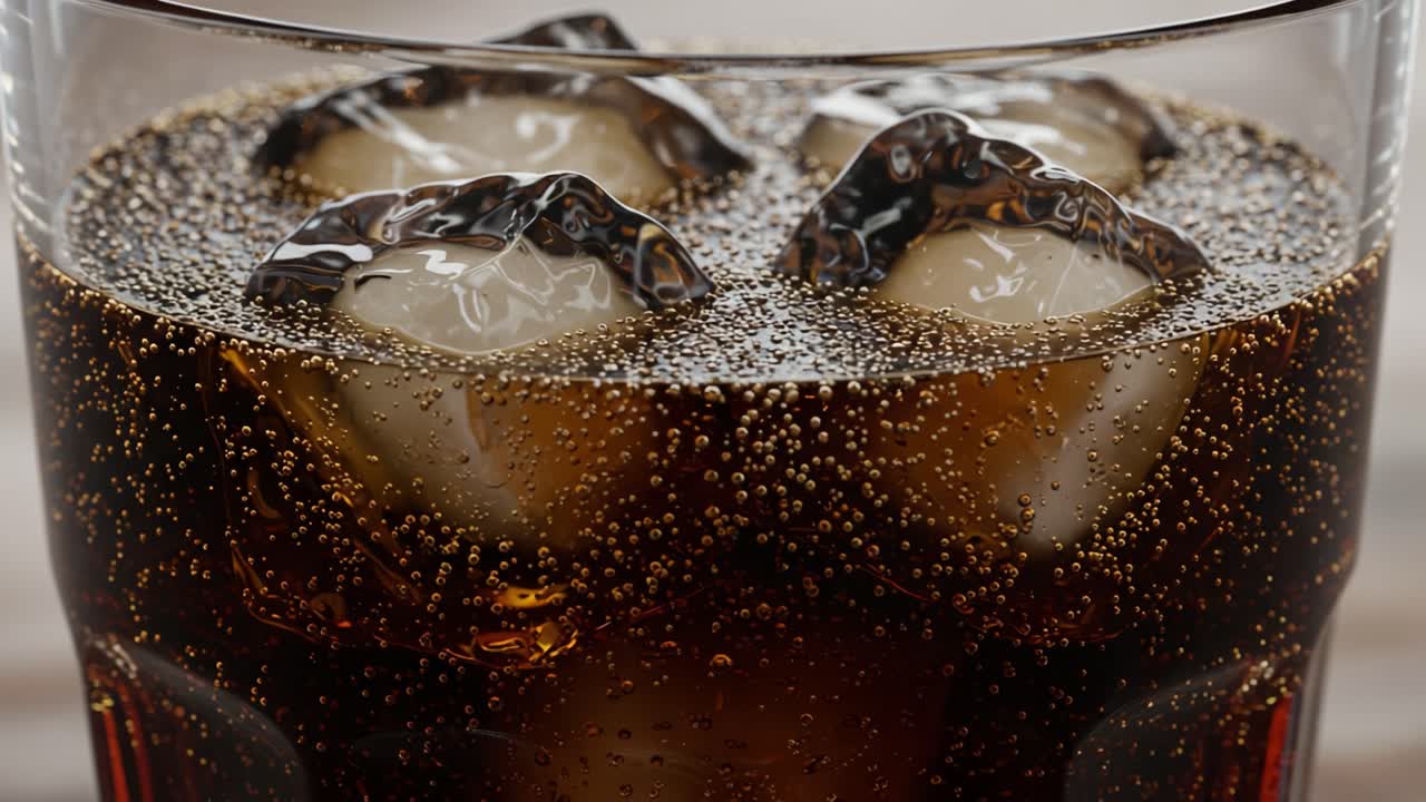 A Close-Up Perspective of Refreshing Carbonated Beverage with Ice Cubes and Bubbles in a Glass, Perfect for Quenching Thirst on a Hot Day