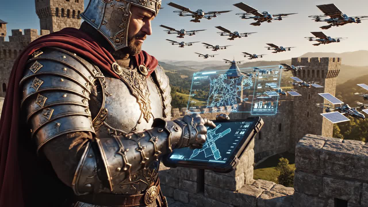 A Knight Using Technology in a Medieval Setting with Drones