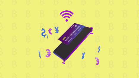 Animación-De-Iconos-De-Wifi-Y-Moneda,-Teléfono-Inteligente-Y-Tarjeta-De-Crédito-Sobre-Fondo-Amarillo