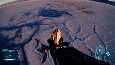 woman riding a futuristic motorcycle in a desert landscape at sunset