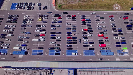 drone aerial footage top down view of a large supermarket parking lot