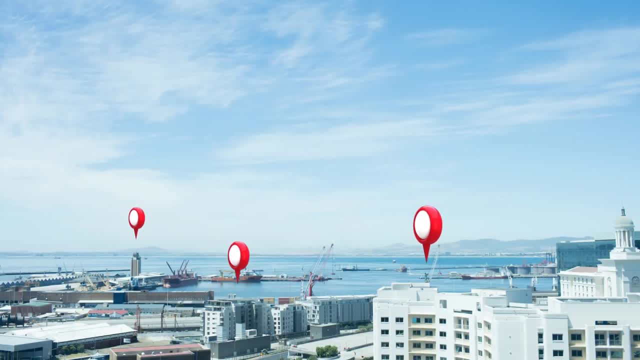 alfileres de ubicación y paisaje urbano