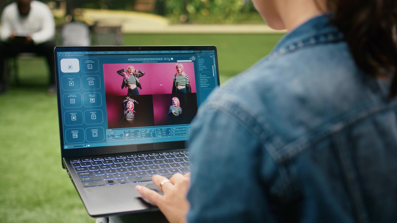 Donna in abiti casual che utilizza un software generatore di immagini AI da testo su laptop