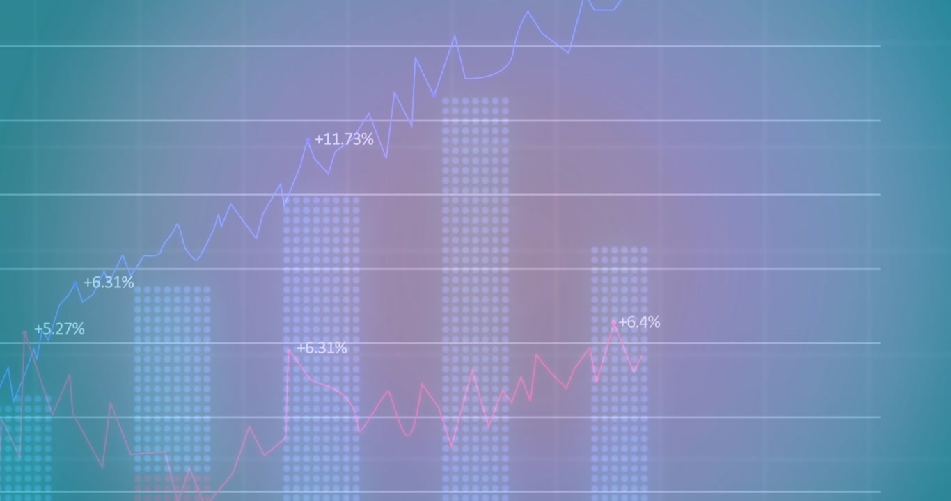 The stock market with purple, pink, and blue numbers and graphs