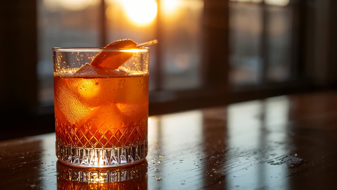Camera pushing in, capturing crystal lowball amber cocktail citrus peel ice at sunset creating glow