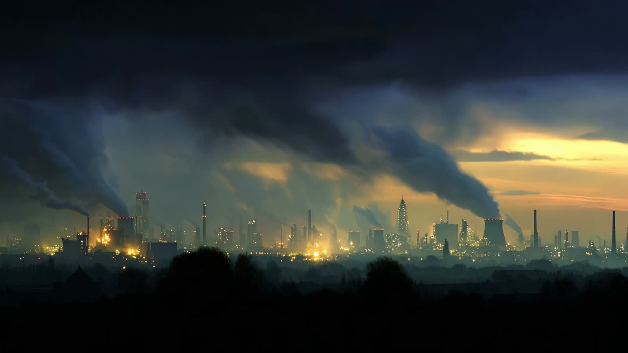 A dramatic skyline overlooking an industrial area enveloped in thick smoke and emissions at dusk, showcasing the stark contrast between man-made structures and the natural environment under darkening clouds