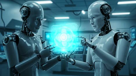 two robots collaborate to analyze a holographic display: a glimpse into future technological interactions and communication between artificial intelligence systems